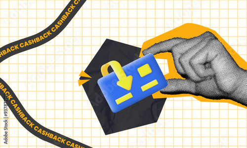 Modern Design halftone collage, hand holding a card, emphasizing the benefits of cashback offers. Perfect for promotions, financial rewards, and smart shopping tips