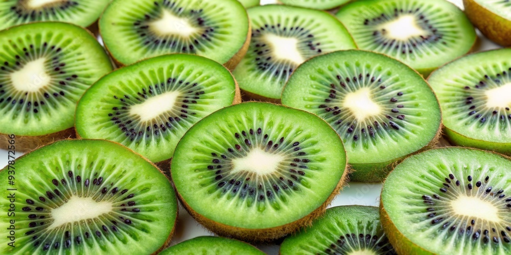Vibrant green kiwi slices with tiny black seeds and tender white cores arranged artfully on a crisp white background, looking refreshingly appetizing and healthy. Vibrant green kiwi slices with tiny black seeds and tender white cores arranged artfully on a crisp white background, looking refreshingly appetizing and healthy.