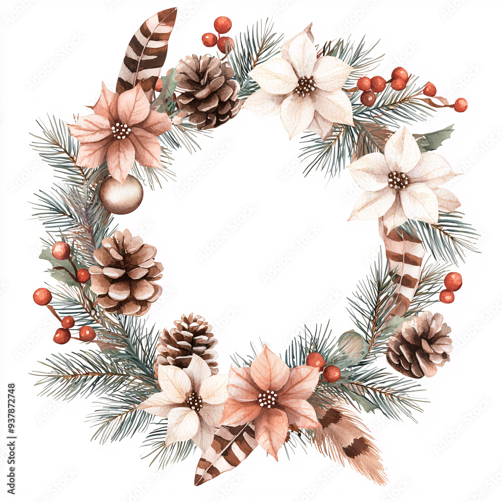 Fototapeta premium A wreath of flowers and pine cones with a gold and white color scheme