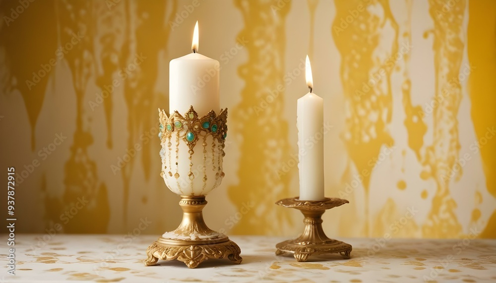 Front view of white candle in golden stand on Yellow,White Splash Pattern Front view of white candle in golden stand on Yellow,White Splash Pattern