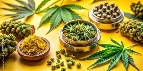 Vibrant yellow background showcases fresh cannabis buds with prominent CBD and THC labels, accompanied by a herb grinder and lush green marijuana, ideal for copy space.