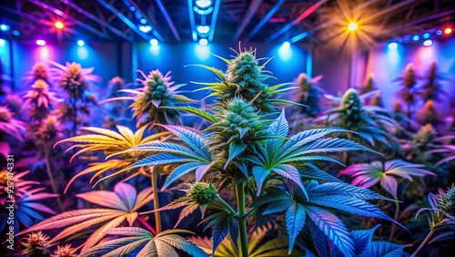 Vibrant marijuana plants thrive under colorful neon lights, boasting large, electric blue and green leaves, and budding with dense, resinous flowers in a futuristic grow setting. photo