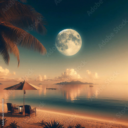 Surreal beach scene with a large moonrise over tranquil waters