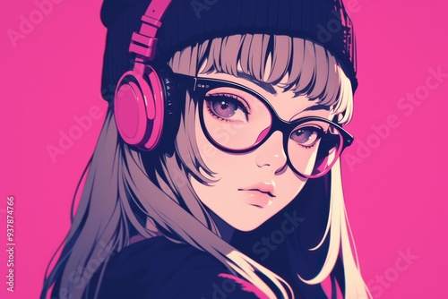 close up of girl wearing headphone and beanie hat, sunglasses, in bright pink solid backgorund, anime illustration, anime flat art  photo