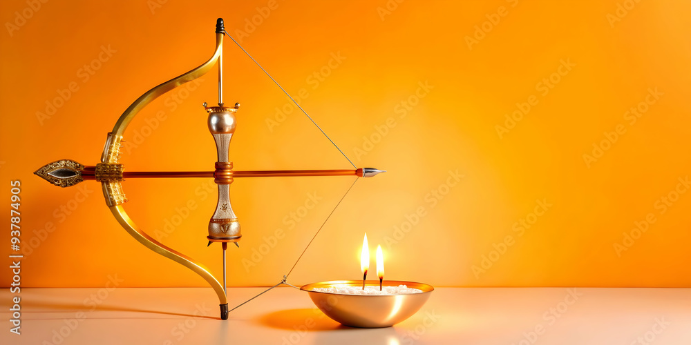 3D Bow and Arrows with Diya Frame concept as Vertical frame with a bow and arrows on one side and a lit diya on the other creating a balanced and symbolic Dussehra themed copy space ideal for designs 3D Bow and Arrows with Diya Frame concept as Vertical frame with a bow and arrows on one side and a lit diya on the other creating a balanced and symbolic Dussehra themed copy space ideal for designs