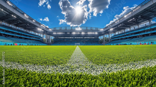 Empty soccer stadium on a sunny day with lush green grass