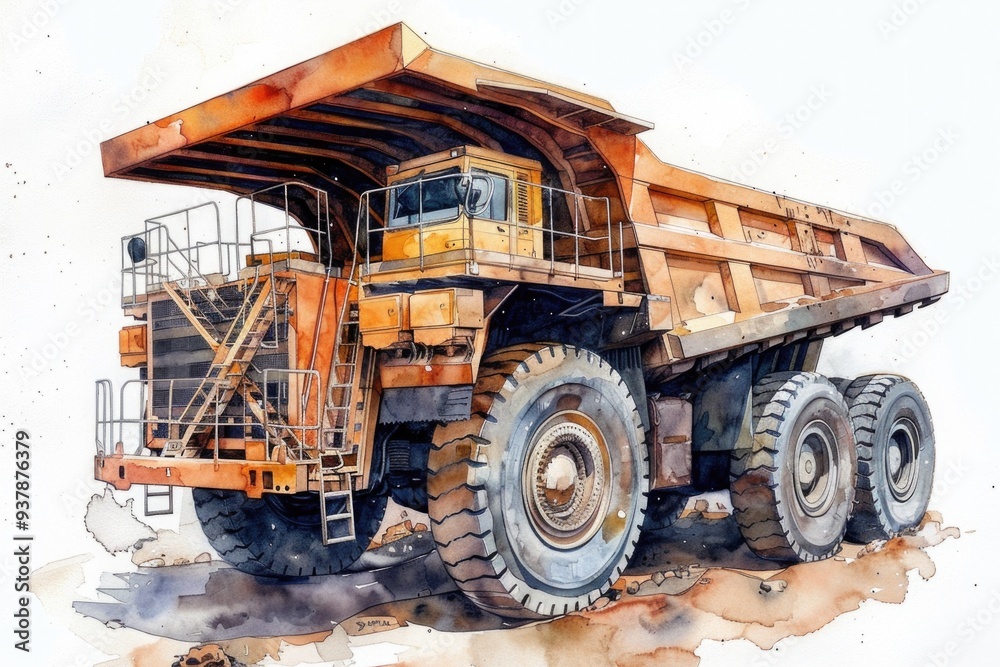 Watercolor illustration of a big dump truck with bright colors and textured brushes Watercolor illustration of a big dump truck with bright colors and textured brushes