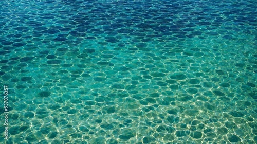 Close-up of clear ocean water with unique circular patterns created by sunlight reflections. The turquoise and emerald hues blend beautifully, showcasing the tranquil and pristine water surface.