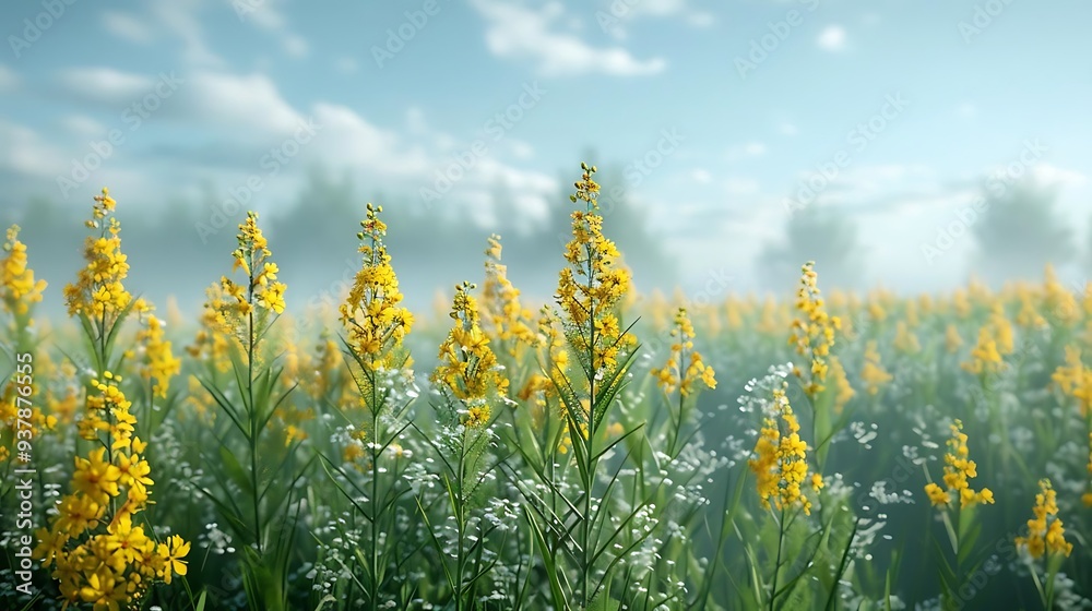 Obraz premium A serene field of yellow flowers surrounded by mist and greenery under a bright sky.