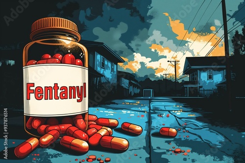 Fentanyl capsules opioid crisis and painkiller meds addiction epidemic, abstract illustration