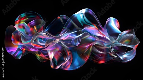 Holographic abstract figure colorful vibrant fluid iridescent wavy 3d shapes on black background 