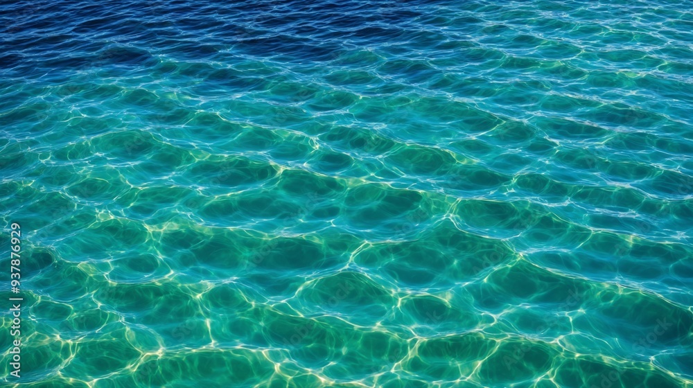 Close-up of clear ocean water with unique circular patterns created by sunlight reflections. The turquoise and emerald hues blend beautifully, showcasing the tranquil and pristine water surface. Close-up of clear ocean water with unique circular patterns created by sunlight reflections. The turquoise and emerald hues blend beautifully, showcasing the tranquil and pristine water surface.