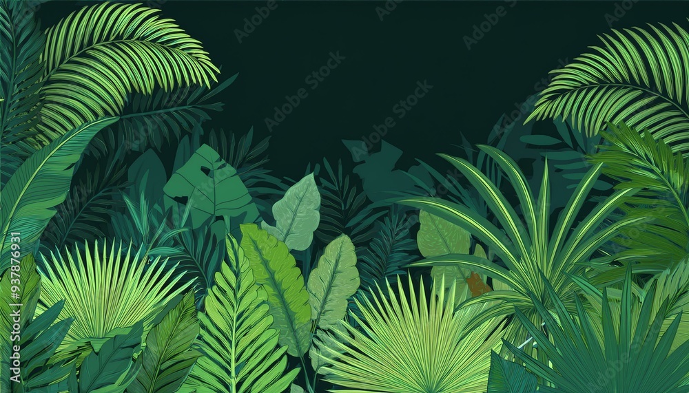 Wild dark jungle forest nature landscape with green jungle foliage and exotic plants Wild dark jungle forest nature landscape with green jungle foliage and exotic plants