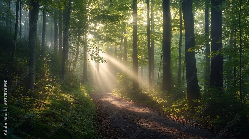 Hiking trail through natural green beech forest in the morning light the sun shines through the morning mist Ziegeroda Forest SaxonyAnhalt Germany Europe : Generative AI Hiking trail through natural green beech forest in the morning light the sun shines through the morning mist Ziegeroda Forest SaxonyAnhalt Germany Europe : Generative AI