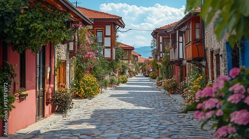 Traditional street in the old town of Sozopol Bulgaria : Generative AI