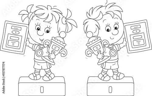 Happy little champions with gold medals holding prize cups and diplomas of a winner standing on podiums of competitions at an award ceremony, black and white outline vector illustration