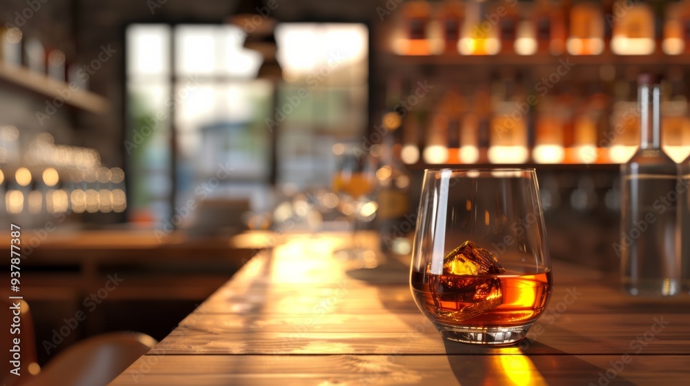 Whiskey or brandy, alcoholic beverages, in transparent elegant bottle, bar setting, clear glass, wooden floor table, multiple wine bottles blurred background, bar counter, restaurant ambiance, 3D rend