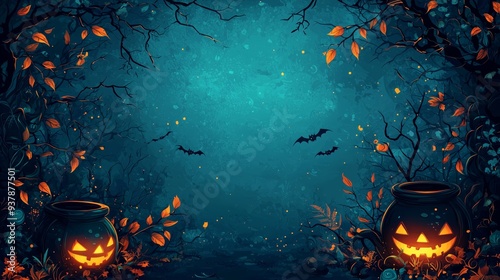 A spooky Halloween night with glowing jack-o'-lanterns coldron, bare trees, and flying bats, creating a dark and eerie atmosphere. photo