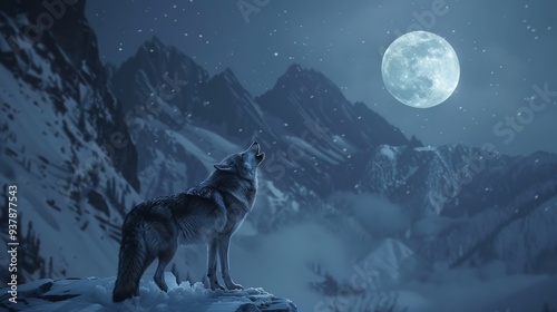 Wolf howling at the moon on a snowy mountain