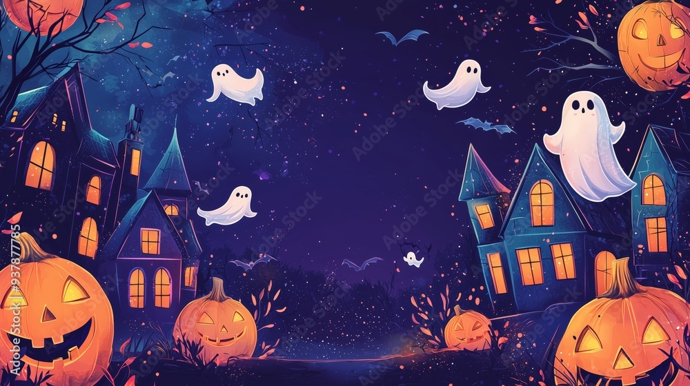 Fototapeta premium Playful Halloween scene with haunted houses, glowing pumpkins, and floating ghosts, all under a starry night sky.