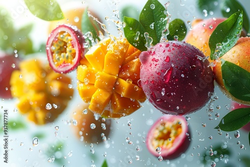 Wallpaper Mural Mango and passion fruit and half slices suspended in the air with green leaves. Generative AI Torontodigital.ca