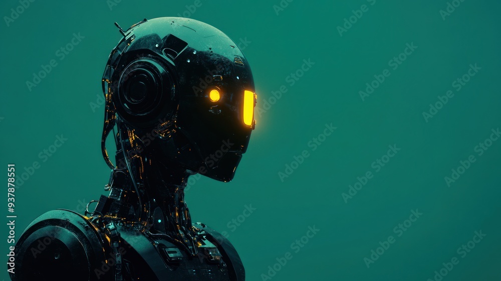 Futuristic Robot with Glowing Yellow Eyes - A sleek, futuristic robot with glowing yellow eyes, showcasing advanced technology and artificial intelligence in a dark, minimalist setting. Futuristic Robot with Glowing Yellow Eyes - A sleek, futuristic robot with glowing yellow eyes, showcasing advanced technology and artificial intelligence in a dark, minimalist setting.