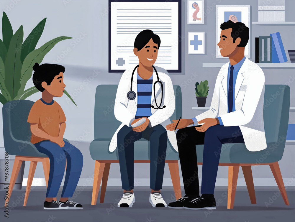 A doctor is talking to a young boy and a girl in a hospital room. The doctor is wearing a white coat and a tie