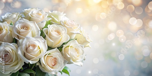Fototapeta Naklejka Na Ścianę i Meble -  Delicate white roses softly focused on a crisp background, providing ample copy space for overlaying text, ideal for elegant website headers and digital designs.