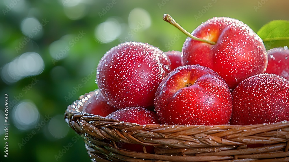 Fresh red plums in wicker basket with dew drops, showcasing the vibrant color and freshness of these juicy fruits. Fresh red plums in wicker basket with dew drops, showcasing the vibrant color and freshness of these juicy fruits.