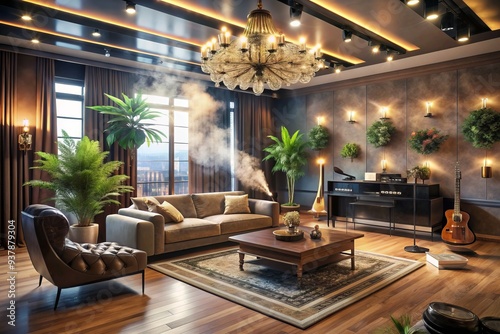 Luxurious apartment interior with scattered music awards, expensive furniture, and smoke-filled air, hinting at a rap star's private relaxation with cannabis use.