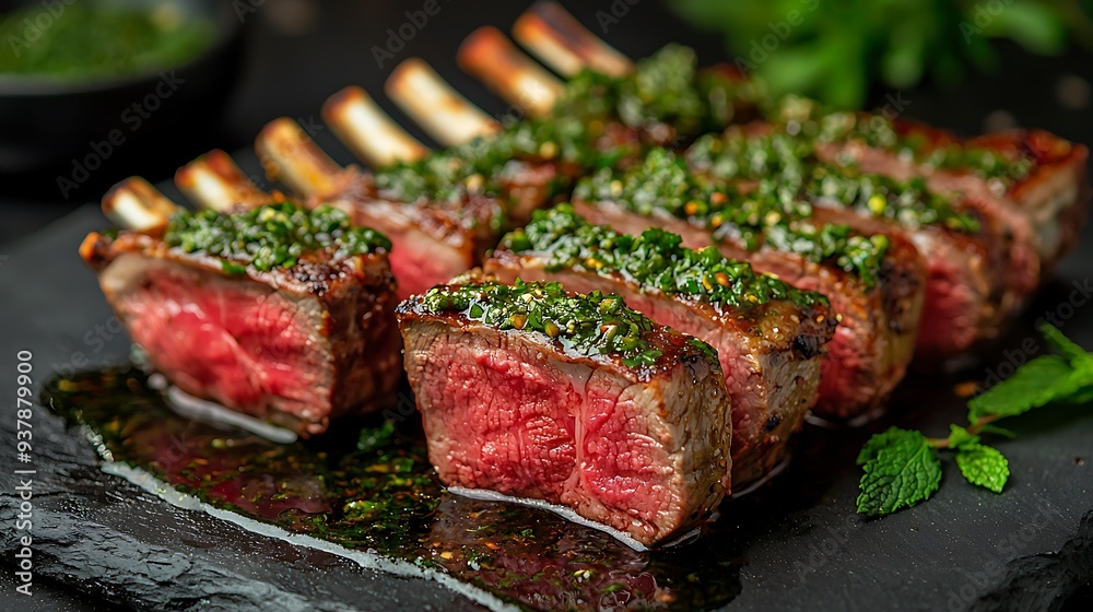 Grilled lamb chops with chimichurri sauce on slate plate, blending the rich flavors of lamb with the freshness of herbs for a delicious dish. Grilled lamb chops with chimichurri sauce on slate plate, blending the rich flavors of lamb with the freshness of herbs for a delicious dish.