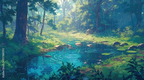 Wallpaper Mural Flat anime illustration of Forest glade with a small stream, rain causing ripples and puddles, reflections of the forest canopy and rocks in the water  Torontodigital.ca