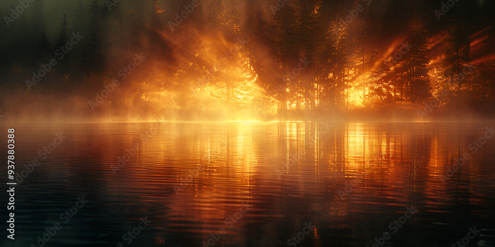 Fototapeta premium a foggy lake with trees and fog