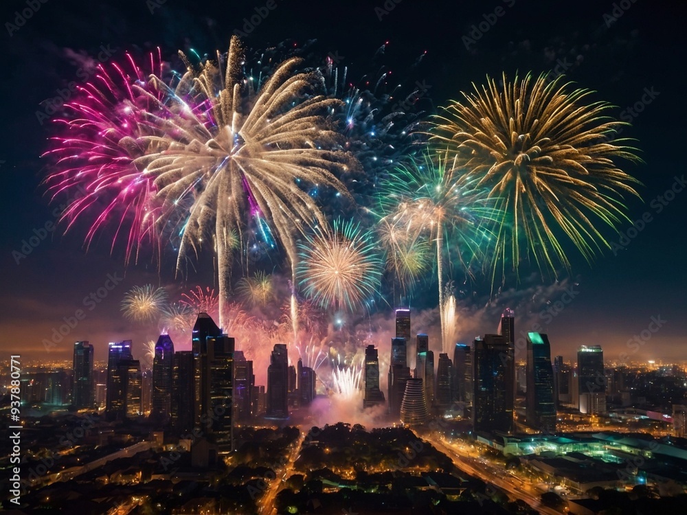 Beautiful fireworks in city for celebration. Beautiful fireworks in city for celebration.