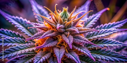 Vibrant purple medical marijuana flower with intricate orange hairs and surrounding leaves, showcasing a dense layer of sparkling trichomes under macro magnification. photo