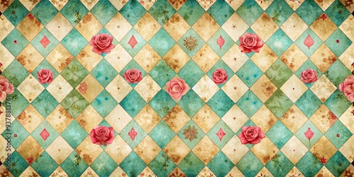Alice in Wonderland inspired watercolor pattern on grunge diamond Victorian background, watercolor, seamless
