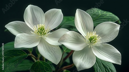 A close-up of elegant white flowers with delicate petals and vibrant green leaves, showcasing natural beauty.