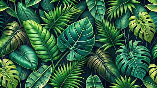 Vibrant green seamless tropical wallpaper pattern featuring exotic monstera palm and banana leaves on a dark plant background, perfect for fabric, wallpaper, and paper designs.