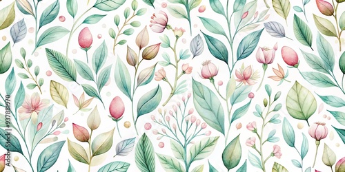 Whimsical watercolor pattern featuring delicate leaves and buds in soft pastel hues, perfect for adding a touch of elegance to scrapbooking, packaging, or textiles.
