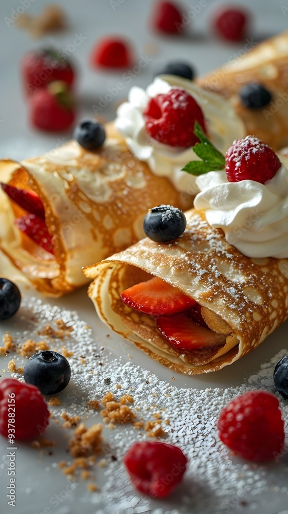 Delicate Filled Crepes on White Background with Fruit and Cream