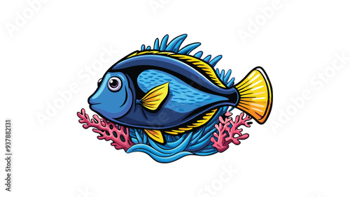 Design a vector illustration of a blue tang fish swimming in coral reef with a bright yellow tail fin.