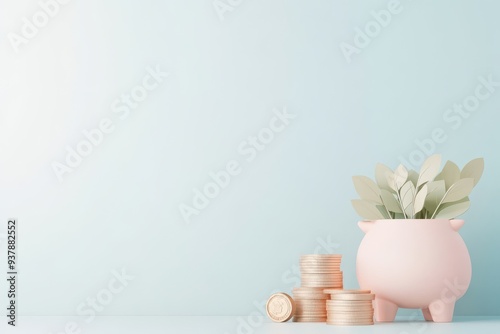 A modern piggy bank with coins and greenery, symbolizing savings and financial growth in a minimalist setting. photo