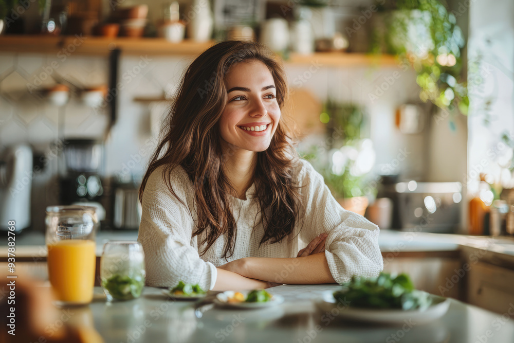 Beautiful happy woman sitting with drinks and healthy green food at home. Vegan meal and detox concept Beautiful happy woman sitting with drinks and healthy green food at home. Vegan meal and detox concept