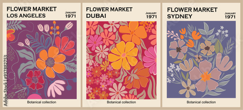 Set of abstract Flower Market posters. Trendy botanical wall arts with floral design in vivid bright colors. Modern naive groovy funky interior decorations, paintings. Vector art illustration.