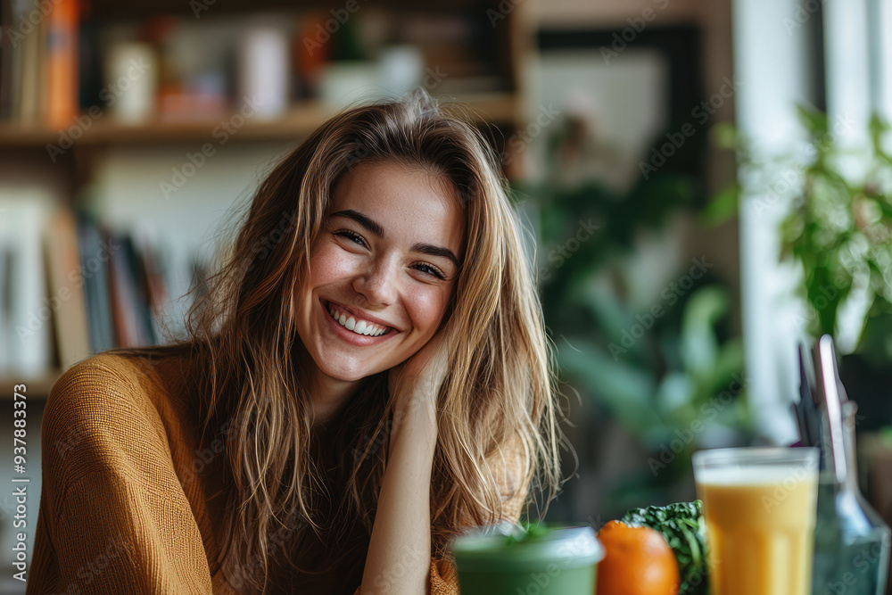 Beautiful happy woman sitting with drinks and healthy green food at home. Vegan meal and detox concept Beautiful happy woman sitting with drinks and healthy green food at home. Vegan meal and detox concept