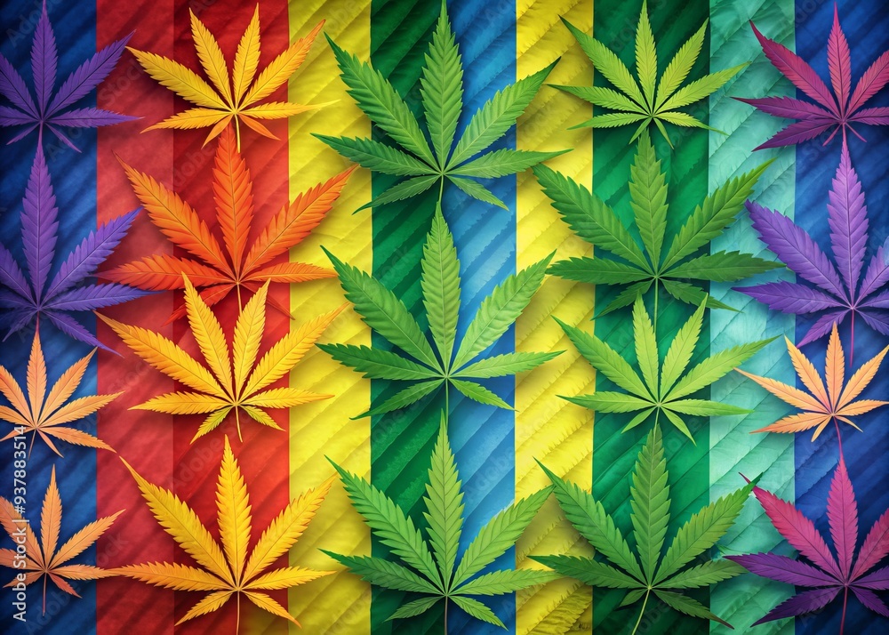 Vibrant rainbow flags blend with cannabis leaf patterns on a dynamic background, celebrating the intersection of LGBTQ+ pride and cannabis culture in a bold, colorful statement. Vibrant rainbow flags blend with cannabis leaf patterns on a dynamic background, celebrating the intersection of LGBTQ+ pride and cannabis culture in a bold, colorful statement.