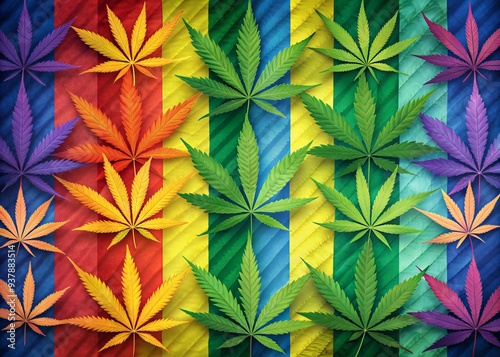 Vibrant rainbow flags blend with cannabis leaf patterns on a dynamic background, celebrating the intersection of LGBTQ+ pride and cannabis culture in a bold, colorful statement.