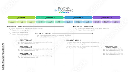Infographic business year plan tenmplate and breakdown details per month, monthly plan with topic and details