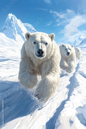 A captivating scene of polar bears running across a snowy landscape, showcasing the beauty of nature's icy wilderness. photo