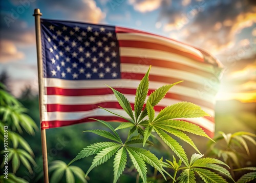 American flag waving proudly in front of a blurred hemp leaf background, symbolizing legalized medical marijuana and cannabis reform in the United States of America. photo